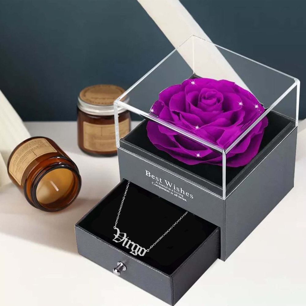 Preserved Rose Flower In a Acrylic Box with Silver Plated Virgo Zodiac Necklace